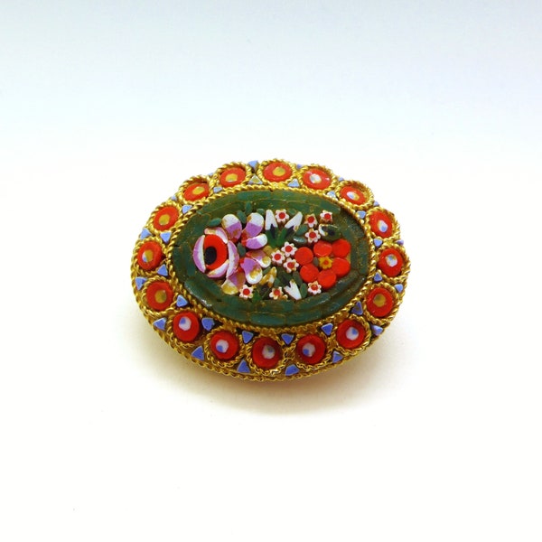 Vintage Colorful Roses on Blue with Millefiori Border Micro Mosaic Brooch