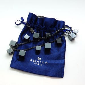 Vintage Agatha Paris Modernist Gunmetal Hematite Cube Necklace W/ Original Bag