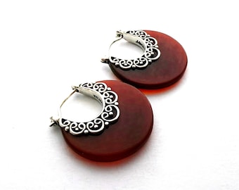 Vintage Merav Indonesia Sterling Silver 925 Carnelian Hinged Hoop Earrings
