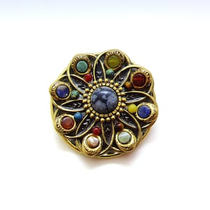 Vintage Michal Golan Antiqued 24K Gold Plate Circular Flower Gemstone Brooch