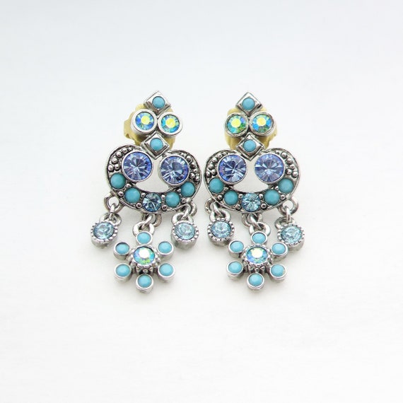 Vintage Kirks Folly Silver Plated Blue Floral Swarovski Crystal Post Earrings