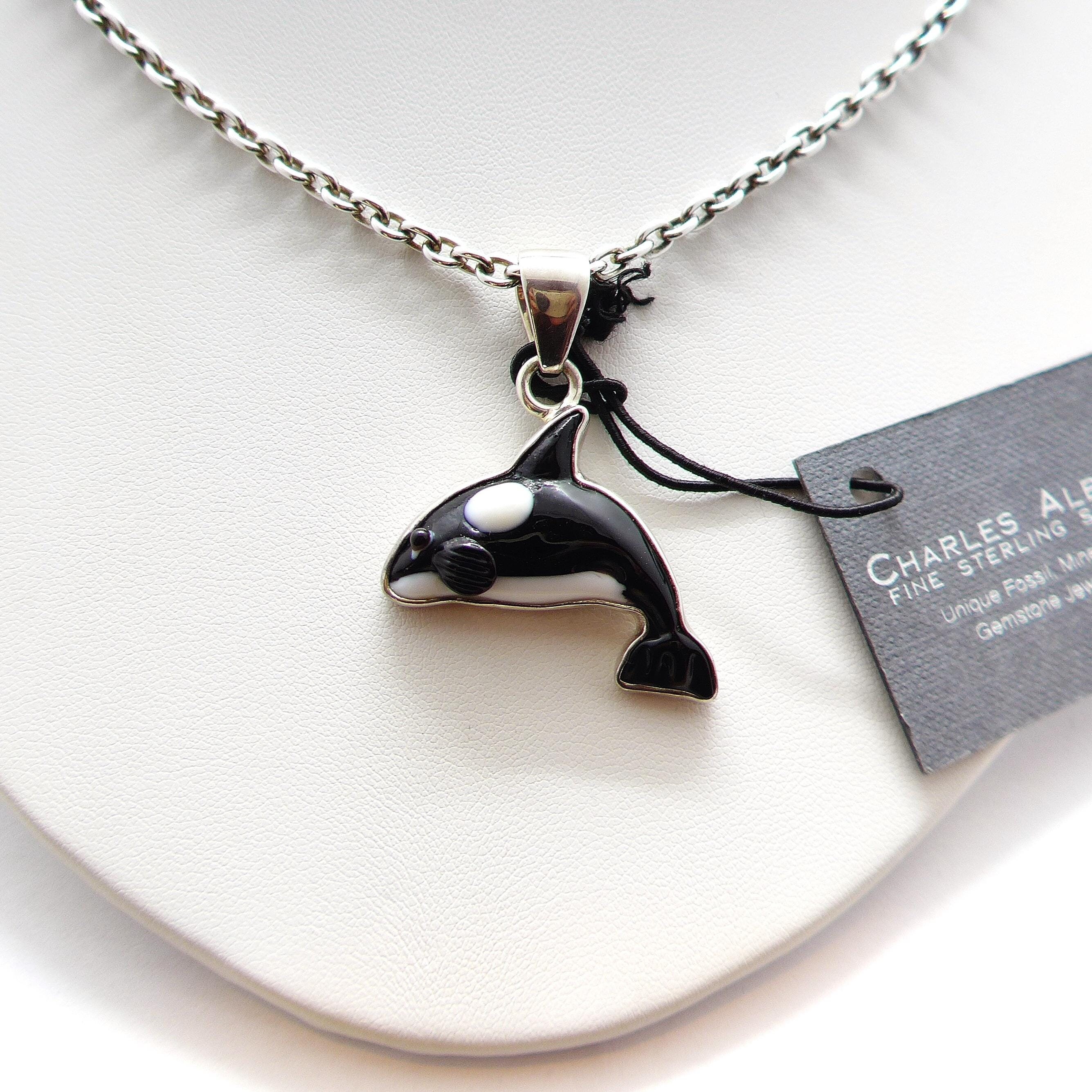 Vintage Charles Albert Fine Sterling Silver 925 Glass Orca Killer Whale Pendant 19.75" Necklace W/Tag