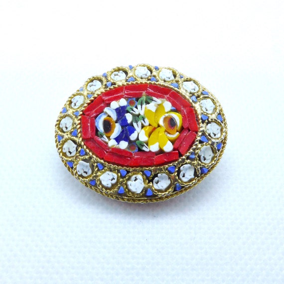 Vintage Colorful Roses on Red with Millefiori Bor… - image 1
