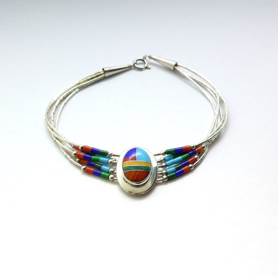 Striking Vintage Navajo Sterling Silver Turquoise Inlay Native American Bracelet Striking Vintage Navajo Sterling Silver Turquoise Inlay Native American Bracelet
