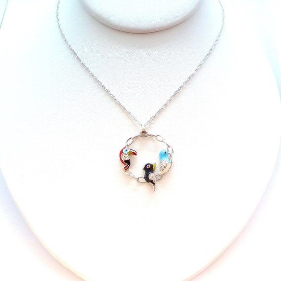 Vintage Fuzion Creations FZN Sterling Silver 925 Enamel Crystal Tropical Bird Trio Pendant Necklace Etsy Australia