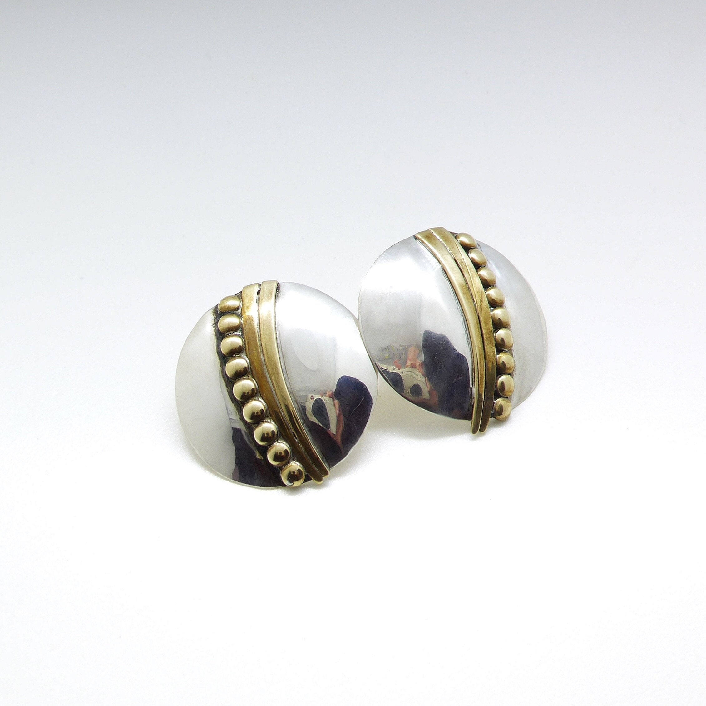VINTAGE LOUIS BOOTH EARRINGS-HANDMADE STERLING SILVER AND BRASS-MODERNIST  DESIGN