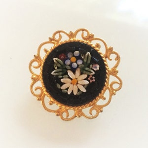 Vintage Italian Floral Micro Mosaic Brooch In Scroll Setting