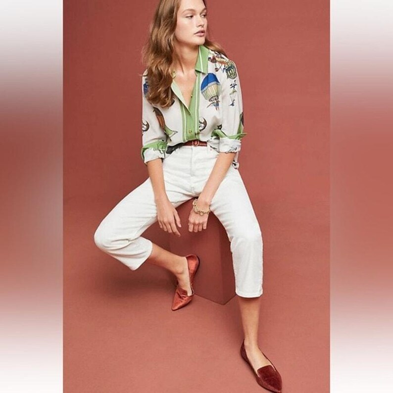 SELTENE Anthropologie Seidenknopf Bluse Grün Heißluftballon Druck Damen US 10 Bild 4
