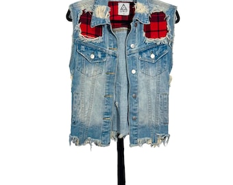 UNIF Distressed Denim Weste Karo Grunge Y2K 2010s Indie Festival Schnür-Rücken