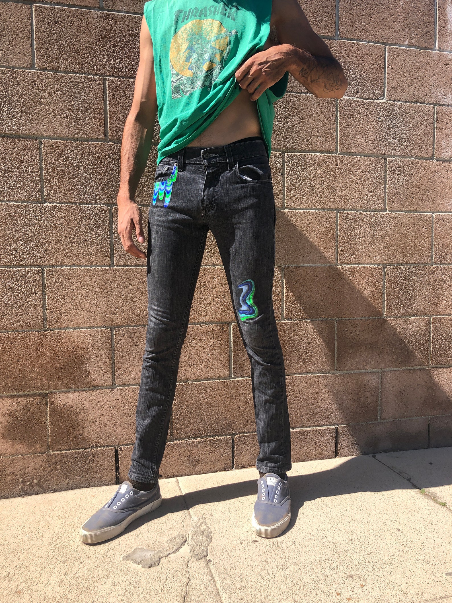 Hand Painted Jeans Deluxe Drip Jeans, Psychedelic Custom Jeans Hand