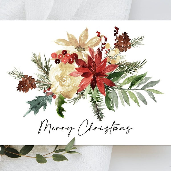 Printable Poinsettia Christmas Card, Poinsettia Greeting Card, Merry Christmas Card, Instant Download, Merry Christmas, Poinsettia CH2