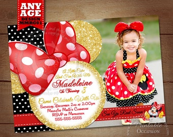 HUGE SELECTION Minnie Mouse Birthday Invitation, Red and Gold Glitter Minnie Mouse Invitation, Digital Invitation, Printable Invitation