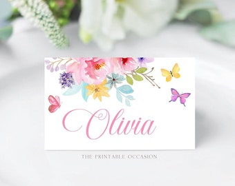 Floral Butterfly Baby Shower Place Card Pink Teal Purple Floral Printable Place Card Template, Baby Shower Buffet Card Editable Birthday B1