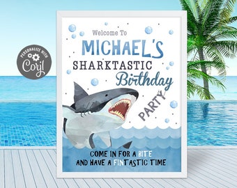 EDITABLE Shark Birthday Party Sign, Sharks Door Sign, Sharks Table Sign, Shark Birthday Decorations, Shark Pool Party, Shark Swim Party SHK