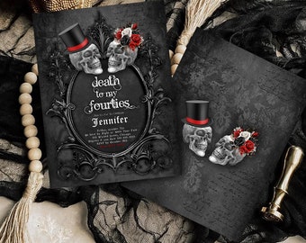 Editable Death To My Forties 50th Birthday Party Invitation Skeleton Skulls RIP To My 40s Party Gothic Halloween 50th Birthday Party H6