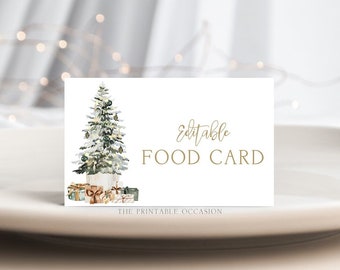 Editable Christmas Buffet Labels, Printable Food Cards, Christmas Tree Green Gold Tent Card Template, Holiday Name Place Card, Download T2D