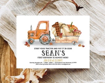 Farm Pumpkin Tractor Birthday Invitation 1st Birthday Fall Party Invite Boy 1st Fall Autumn Orange Tractor Editable Download Corjl TR3 LJ