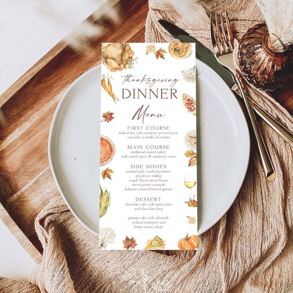 Thanksgiving Dinner Menu Template, Printable Thanksgiving Dinner Menu, Fall Menu Card, Editable Menu, Fall Dinner Menu TG T5