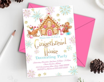 Editable Gingerbread Birthday Party Invitation Template, Pink Christmas Birthday Invitation, Pink Christmas Cookies Invitation GN1 NTC