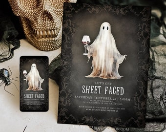 Let's Get Sheet Faced Halloween Evite Invitation Template, Printable Costumes & Cocktails Invite, Editable Ghost Invite, Get Sheet Faced H5A