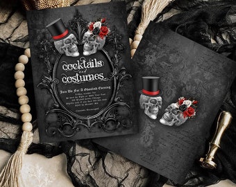 Editable Gothic Halloween Costumes and Cocktails Party Invitation Skulls Spirits Cocktail Party Vintage Gothic Halloween Cocktail Party H6