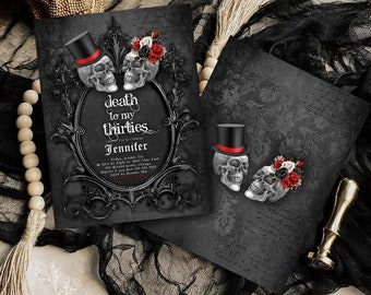 Editable Death To My Thirties 40th Birthday Party Invitation Skeleton Skulls RIP To My 30s Party Gothic Halloween 40th Birthday Party H6