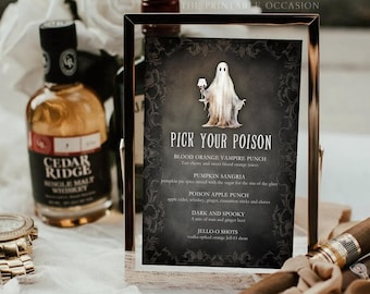 Pick Your Poison Halloween Bar Menu Template, Printable Let's Get Sheet Faced Halloween Drinks Sign Halloween Party Cocktail Menu H5A