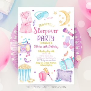 Editable Slumber Party Birthday Invitation Sleepover Birthday Invite Pink Girl Spa Tween Teen Digital Download Printable Template Corjl SO1