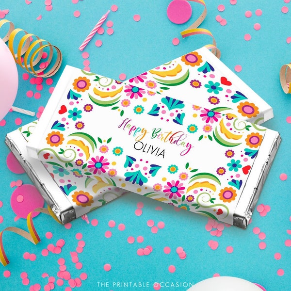 Editable Fiesta Candy Bar Wrapper Fiesta Birthday Mexican Floral Chocolate Bar Wrappers, Fiesta Chocolate Bar Label Birthday Party Corjl FE1