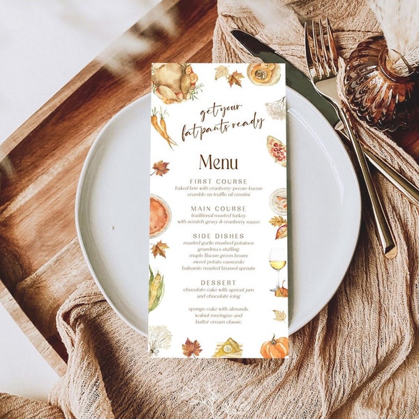 Thanksgiving Dinner Menu Template Funny Get Your Fat Pants Ready Thanksgiving Menu Printable Fall Menu Card, Editable Fall Dinner Menu TG T5