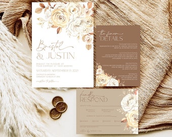 Fall Wedding Invitation Suite Boho Autumn Floral Wedding Template Suite Wedding Invites Rustic Fall Florals Wedding Invitations Corjl AU1