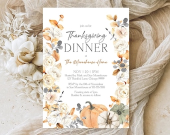 Floral Thanksgiving Invitation Template, Digital Thanksgiving Invite Elegant Thanksgiving Invitation Thankful Together Printable Corjl TG T8