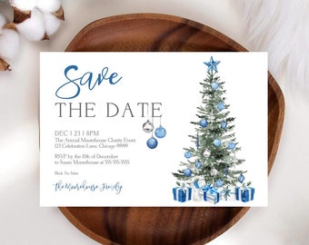 Editable Save The Date Card Template Christmas Party Save The Date Card Blue and Silver Christmas Party Save The Date Printable Holiday T2A