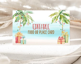 Christmas In July Place Card Template Editable Beach Christmas In July Food Buffet Card Palm Tree Tropical Christmas Food Tent Printable TC1