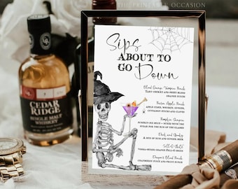 Sips About To Go Down Bar Menu Template Printable Halloween Pick Your Poison Drinks Sign Editable Skeleton Cocktail Menu List Download SK1