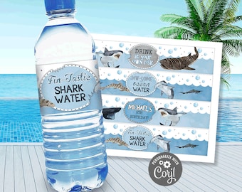 EDITABLE Shark Water Bottle Wrappers Shark Water Bottle Labels Shark Birthday Party Favor Shark Party Favor Printable Instant Download SHK