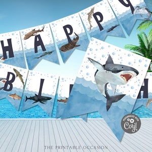 EDITABLE Shark Birthday Banner, Printable Sharks Birthday Banner Template, Sharks Birthday Party Banner Bunting Instant Download Corjl SHK