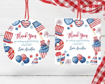 EDITABLE 4th of July Birthday Gift Tag Template Fourth of July 4th Birthday Favor Tag 4th Of July Round and Square Birthday Party Tag P2 P1