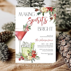 Editable Making Spirits Bright Holiday Cocktail Party Invitation Template Printable Modern Christmas Drinks Invite Instant Download CH2