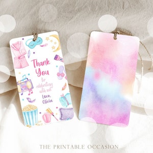 Editable Slumber Party Thank You Tag Sleepover Favor Tags Pink Girl Movie Night Mask Favor Tags Pajamas Labels Template Printable Corjl SO1