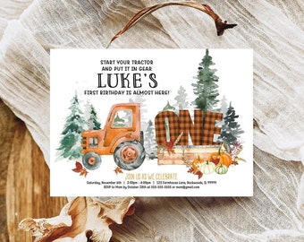 EDITABLE First Birthday Fall Tractor Birthday Invitation Template 1st Birthday Lumberjack Invitation Tractor First Birthday Printable TR3 LJ