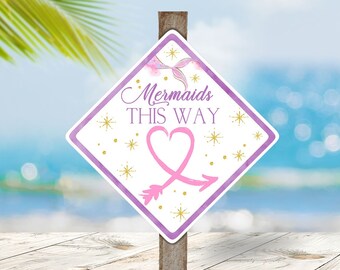 8x8 Printable Mermaid Sign, Pink and Purple Mermaids This Way Birthday Party Pool Sign, Mermaid Tails Birthday Party, Pool Party SH1