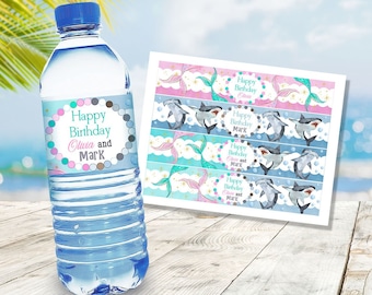 EDITABLE Shark and Mermaid Water Bottle Wrappers Printable Sharks and Mermaids Water Bottle Labels Template Shark Mermaid Birthday Party SH3