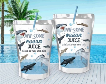 Juice Pouch Labels For Shark Party, Printable Shark Juice Pouch Template, Swim Party Juice Pouch Instant Download Birthday Party Favor SHK