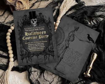 Editable Halloween Costume Party Invitation Vintage Gothic Halloween Invitation Adult Halloween Party Invite Skull Invitation Template H6