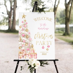 Christmas Party Welcome Sign, Editable Christmas Tree Party Decor, Holiday Banner, Personalized Announcement, Printable Poster Template T3B