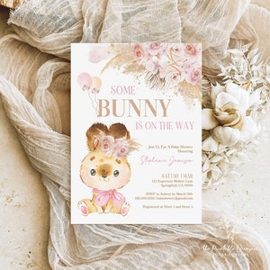 EDITABLE Boho Bunny Rabbit Baby Shower Invitation Bohemian Pink Pampas Grass Girl Bunny Baby Shower Some Bunny Shower Instant Download PGB1 image 3