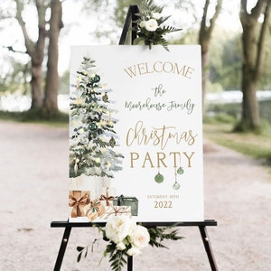 Christmas Party Welcome Sign, Editable Christmas Tree Party Decor, Holiday Banner, Personalized Announcement, Printable Poster Template T2D image 1