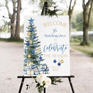Editable Blue Christmas Party Welcome Sign, Holiday Party Welcome Sign, Christmas Decorations, Christmas Template Printable DIY Corjl T2B
