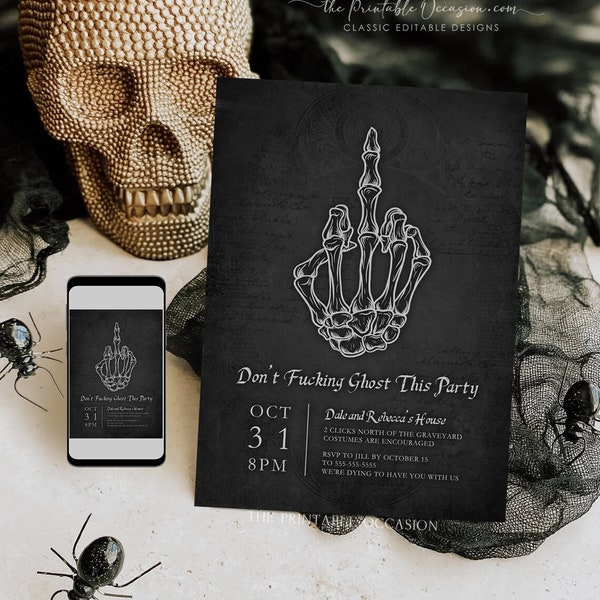 EDITABLE Halloween Invitation Template, Vintage Halloween Party Invitation, Don't Fucking Ghost This Party Printable Invitation Corjl H3